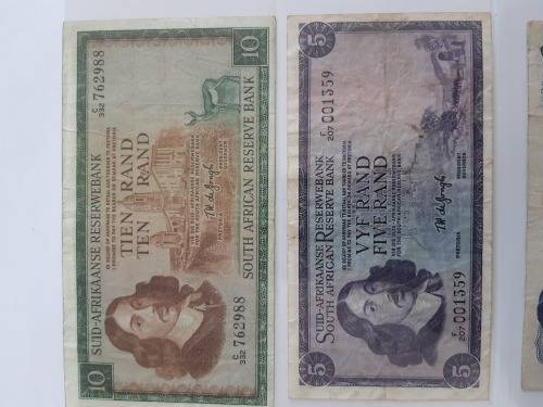 TW de Jongh Set of R1, R2, R5 and R10 South African Banknotes